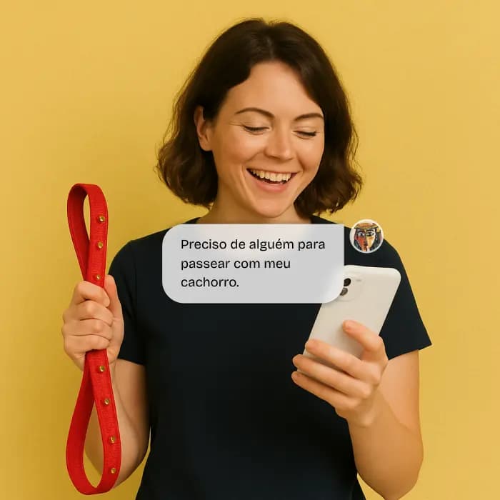 Cansado de perder tempo procurando por profissionais? Imagem promocional contendo uma mulher feliz, segurando a guia de um cachorro...